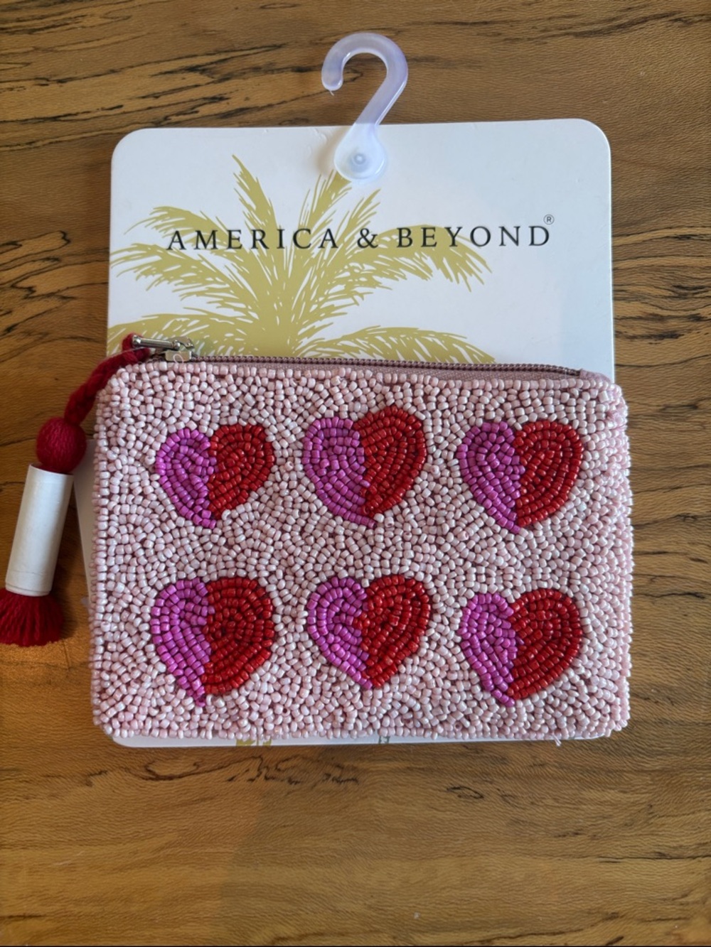 America & Beyond Beaded Heart Zip Pouch in Pink, Red & Magenta